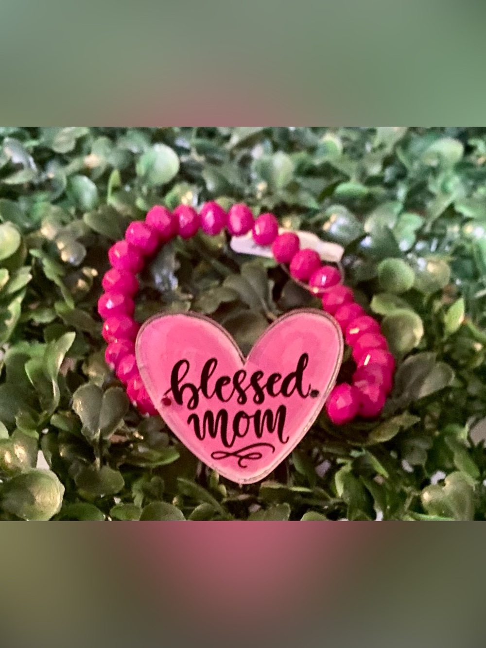 Blessed Mom Beaded Stretch Bracelet Hot Pink